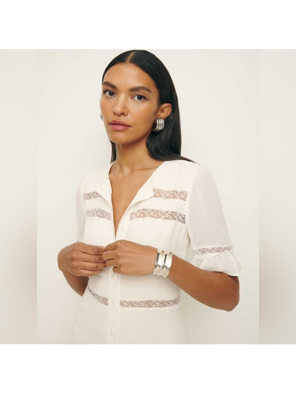 Reformation Woodson Cream Lace-Trim Button-Front Midi Dress - Picture 2 of 8